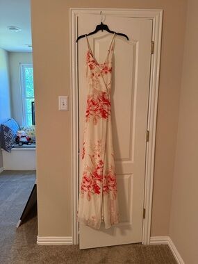 Lulu's Cream Maxi Dress with Red Floral Print worn once